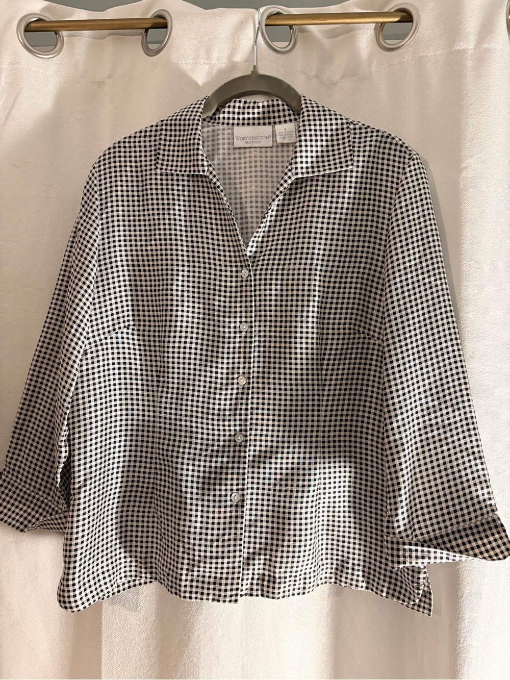 Silk Black and White Gingham Button-Front Blouse by Worthington